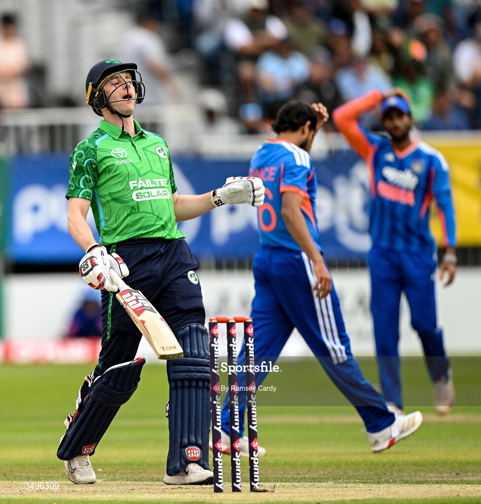 28 June 2026; Ireland batter Lorcan Tucker reacts during match two of the Spinny Cup Men's T20 International series between Ireland and India at Stormont in Belfast.  Photo by Ramsey Cardy/Sportsfile
