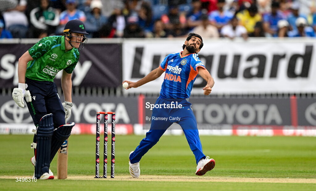 28 June 2026; India bowler Prince Yadav during match two of the Spinny Cup Men's T20 International series between Ireland and India at Stormont in Belfast.  Photo by Ramsey Cardy/Sportsfile