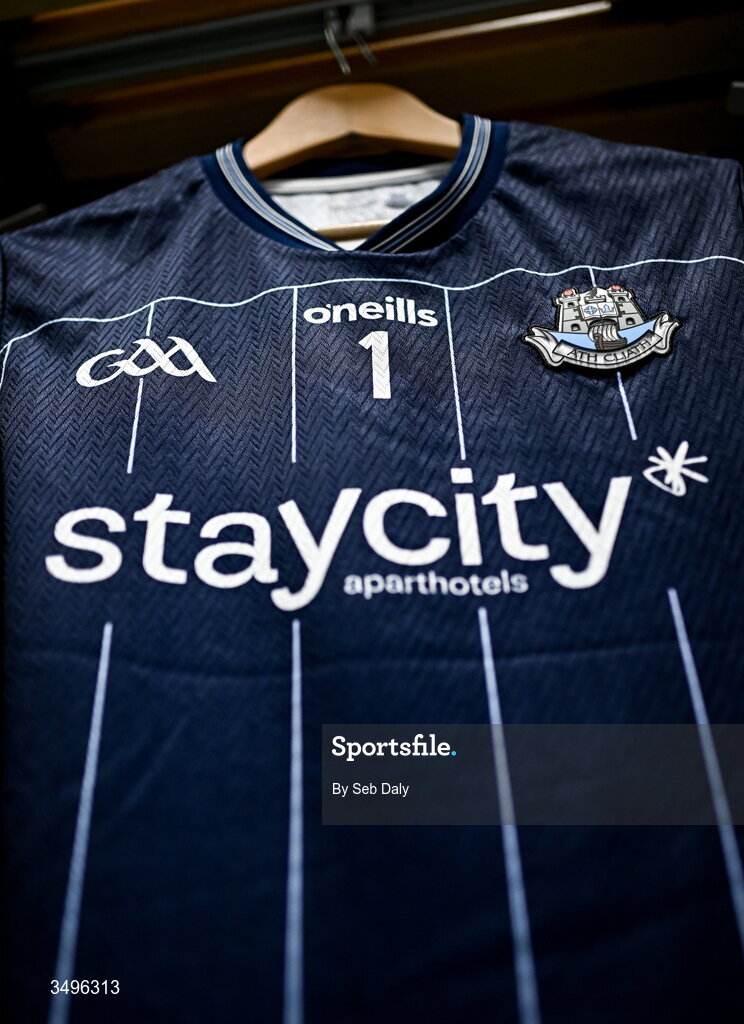 28 June 2026; The jersey of Dublin goalkeeper Evan Comerford in the dressing room before the GAA Football All-Ireland Senior Championship quarter-final match between Dublin and Galway at Croke Park in Dublin. Photo by Seb Daly/Sportsfile