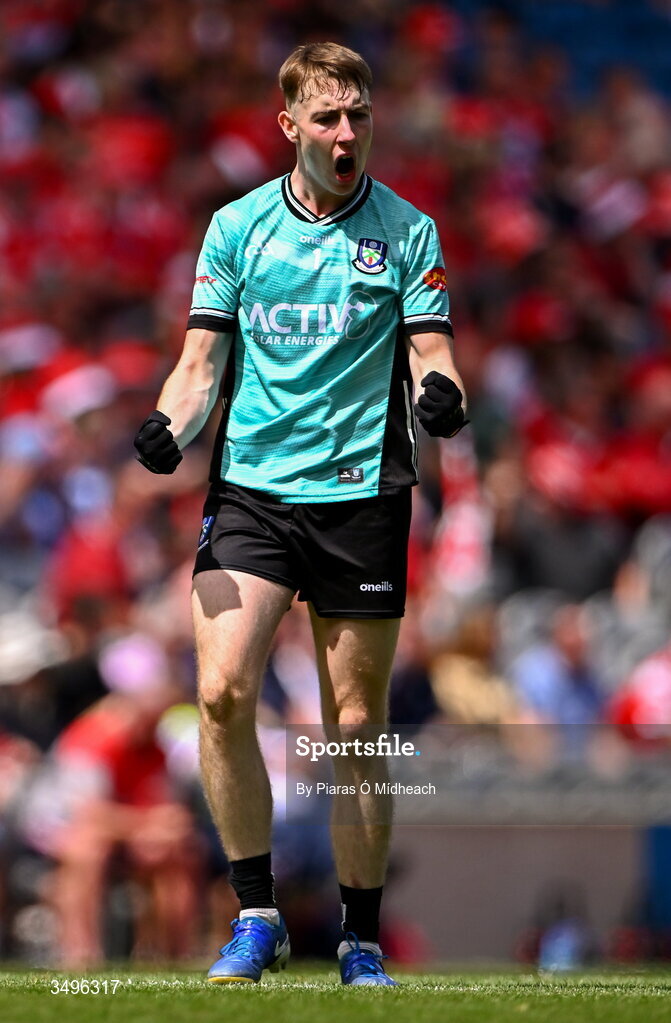 28 June 2026; Monaghan goalkeeper Jamie Mooney celebrates his side's first goal, scored by team-mate Oisin McGorman, during the GAA Football All-Ireland Senior Championship quarter-final match between Louth and Monaghan at Croke Park in Dublin. Photo by Piaras Ó Mídheach/Sportsfile