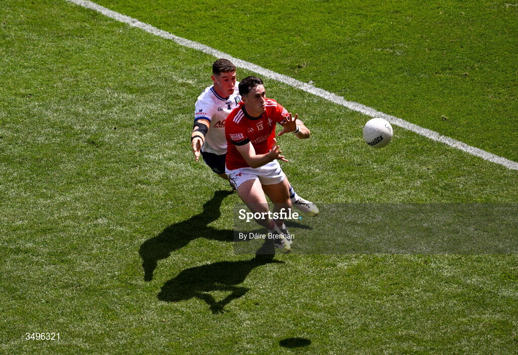 28 June 2026; Kieran Mc Ardle of Louth in action against Dylan Byrne of Monaghan during the GAA Football All-Ireland Senior Championship quarter-final match between Louth and Monaghan at Croke Park in Dublin. Photo by Daire Brennan/Sportsfile