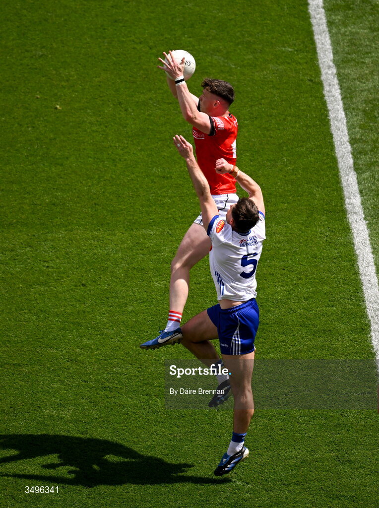 28 June 2026; James Maguire of Louth in action against Dessie Ward of Monaghan during the GAA Football All-Ireland Senior Championship quarter-final match between Louth and Monaghan at Croke Park in Dublin. Photo by Daire Brennan/Sportsfile
