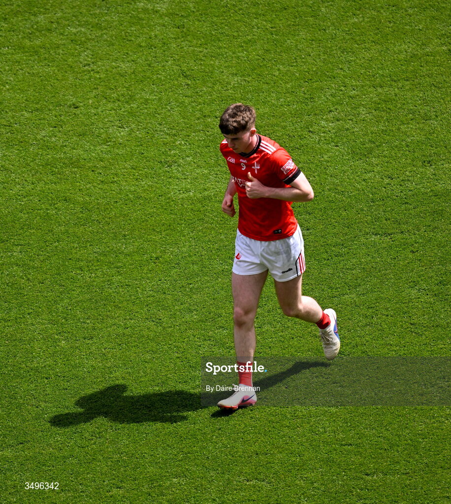 28 June 2026; Sean Callaghan of Louth leaves the field after receiving a red card during the GAA Football All-Ireland Senior Championship quarter-final match between Louth and Monaghan at Croke Park in Dublin. Photo by Daire Brennan/Sportsfile
