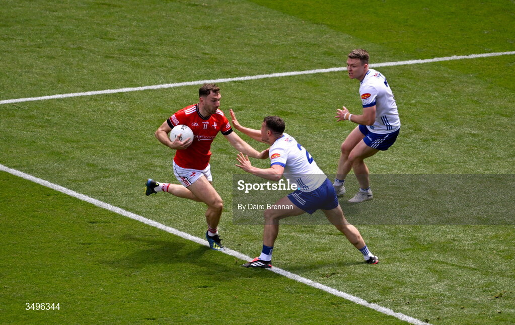 28 June 2026; Sam Mulroy of Louth in action against Ryan Wylie of Monaghan during the GAA Football All-Ireland Senior Championship quarter-final match between Louth and Monaghan at Croke Park in Dublin. Photo by Daire Brennan/Sportsfile