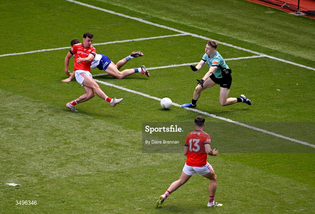 28 June 2026; Monaghan goalkeeper Jamie Mooney saves a shot from Craig Lennon of Louth  during the GAA Football All-Ireland Senior Championship quarter-final match between Louth and Monaghan at Croke Park in Dublin. Photo by Daire Brennan/Sportsfile
