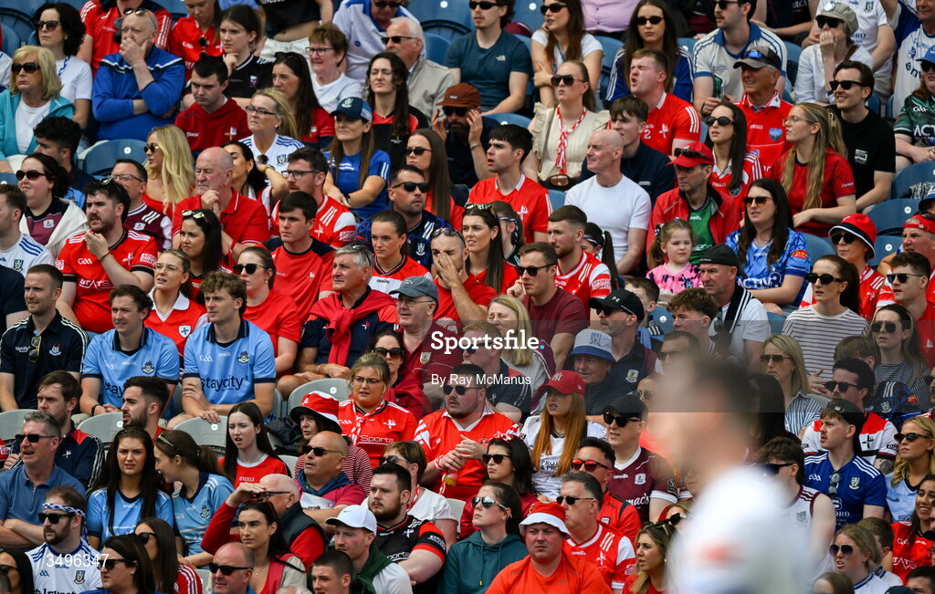 28 June 2026; Supporters, in the Hogan Stand, watch the GAA Football All-Ireland Senior Championship quarter-final match between Louth and Monaghan at Croke Park in Dublin. Photo by Ray McManus/Sportsfile