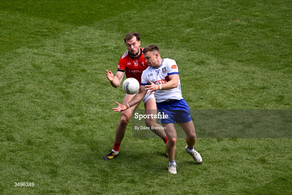 28 June 2026; Conor McCarthy of Monaghan in action against Conor Early of Louth during the GAA Football All-Ireland Senior Championship quarter-final match between Louth and Monaghan at Croke Park in Dublin. Photo by Daire Brennan/Sportsfile