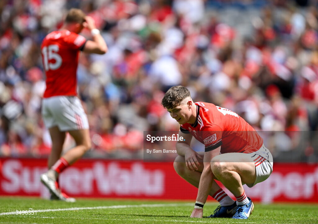 28 June 2026; James Maguire of Louth reacts to a missed chance during the GAA Football All-Ireland Senior Championship quarter-final match between Louth and Monaghan at Croke Park in Dublin. Photo by Sam Barnes/Sportsfile