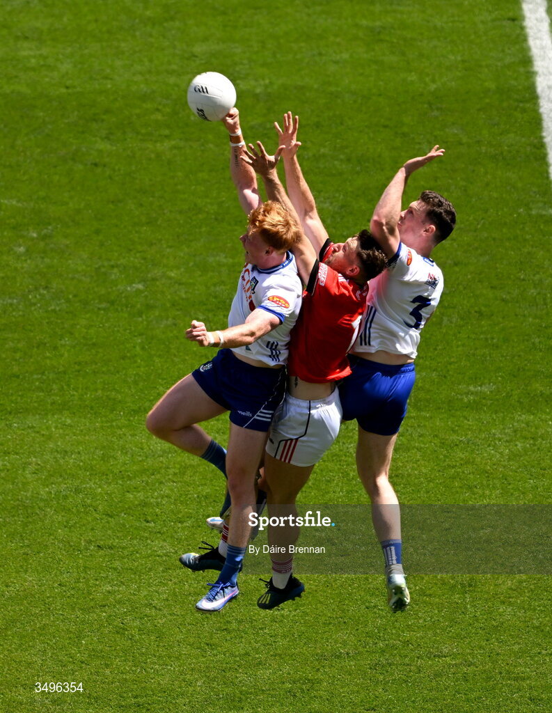 28 June 2026; Sam Mulroy of Louth in action against Ryan O'Toole, left, and Killian Lavelle of Monaghan during the GAA Football All-Ireland Senior Championship quarter-final match between Louth and Monaghan at Croke Park in Dublin. Photo by Daire Brennan/Sportsfile