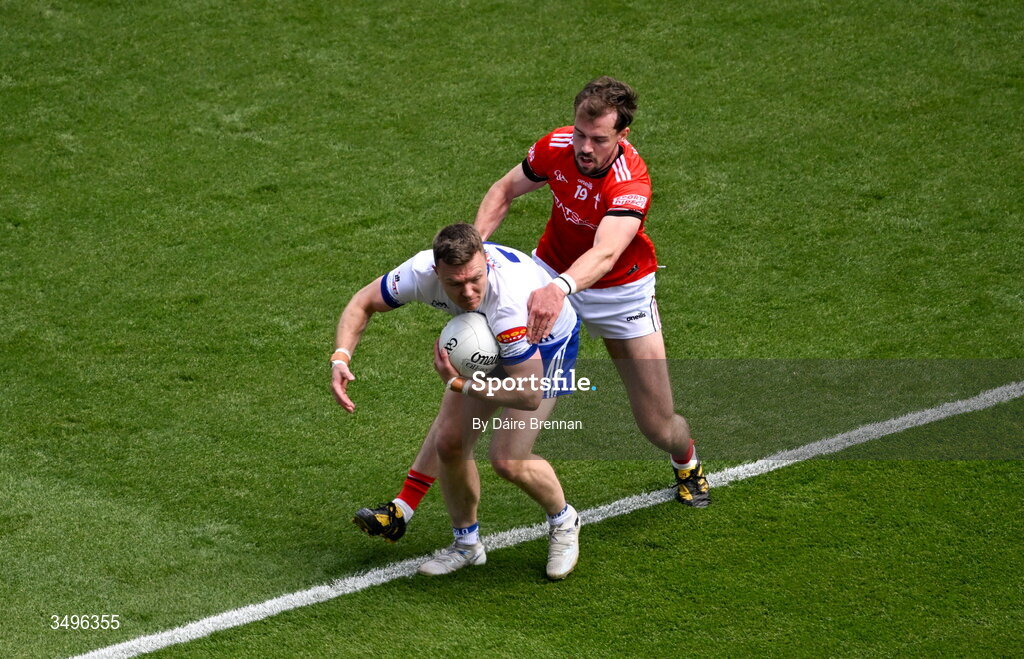 28 June 2026; Conor McCarthy of Monaghan in action against Conor Early of Louth during the GAA Football All-Ireland Senior Championship quarter-final match between Louth and Monaghan at Croke Park in Dublin. Photo by Daire Brennan/Sportsfile