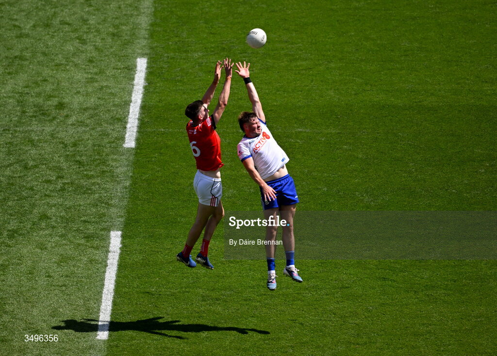 28 June 2026; Andrew Woods of Monaghan in action against Dara McDonnell of Louth during the GAA Football All-Ireland Senior Championship quarter-final match between Louth and Monaghan at Croke Park in Dublin. Photo by Daire Brennan/Sportsfile