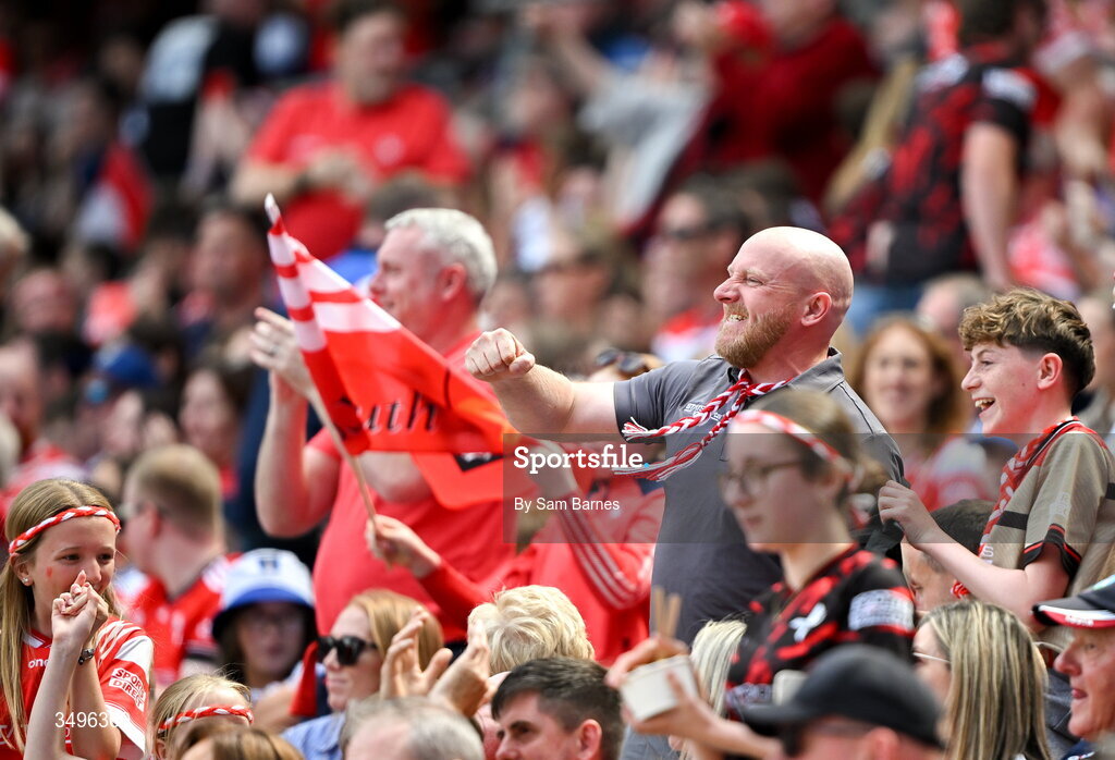 28 June 2026; Louth supporters celebrate a score during the GAA Football All-Ireland Senior Championship quarter-final match between Louth and Monaghan at Croke Park in Dublin. Photo by Sam Barnes/Sportsfile
