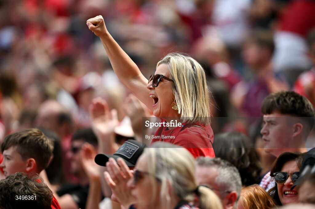 28 June 2026; Louth supporters celebrate a score during the GAA Football All-Ireland Senior Championship quarter-final match between Louth and Monaghan at Croke Park in Dublin. Photo by Sam Barnes/Sportsfile