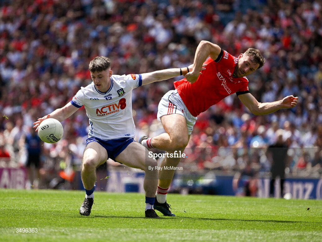 28 June 2026; Stephen O'Hanlon of Monaghan is tackled by Sam Mulroy of Louth during the GAA Football All-Ireland Senior Championship quarter-final match between Louth and Monaghan at Croke Park in Dublin. Photo by Ray McManus/Sportsfile