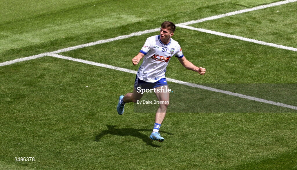 28 June 2026; Oisin McGorman of Monaghan celebrates after scoring his side's first goal during the GAA Football All-Ireland Senior Championship quarter-final match between Louth and Monaghan at Croke Park in Dublin. Photo by Daire Brennan/Sportsfile