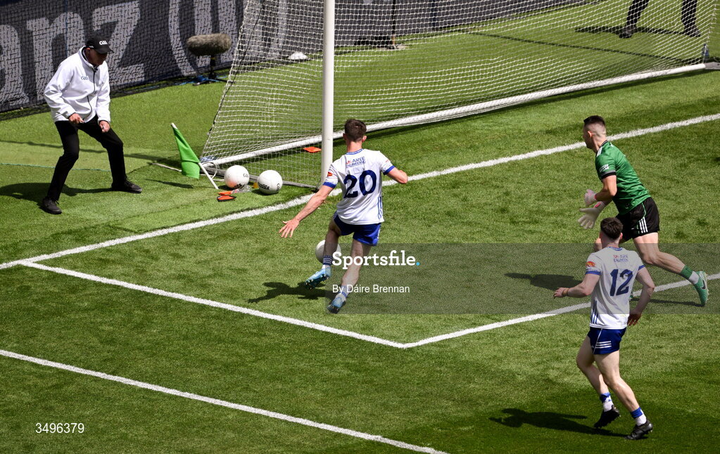 28 June 2026; Oisin McGorman of Monaghan scores his side's first goal during the GAA Football All-Ireland Senior Championship quarter-final match between Louth and Monaghan at Croke Park in Dublin. Photo by Daire Brennan/Sportsfile