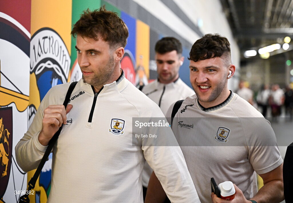 28 June 2026; Galway players Damien Comer, right, and Paul Conroy arrive before the GAA Football All-Ireland Senior Championship quarter-final match between Louth and Monaghan at Croke Park in Dublin. Photo by Seb Daly/Sportsfile