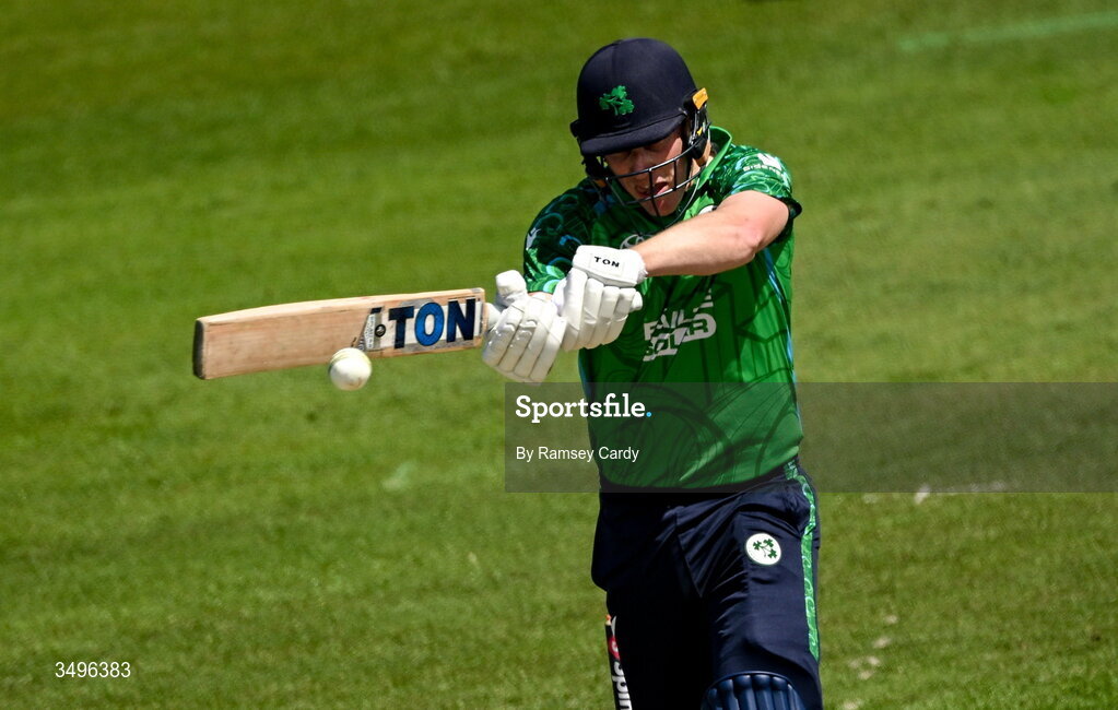 28 June 2026; Ireland batter Harry Tector during match two of the Spinny Cup Men's T20 International series between Ireland and India at Stormont in Belfast.  Photo by Ramsey Cardy/Sportsfile