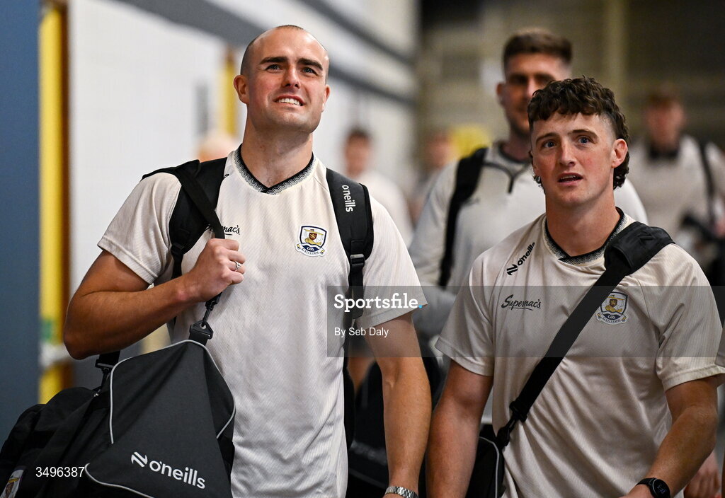 28 June 2026; Galway players John Maher, left, and Kieran Molloy arrive before the GAA Football All-Ireland Senior Championship quarter-final match between Louth and Monaghan at Croke Park in Dublin. Photo by Seb Daly/Sportsfile