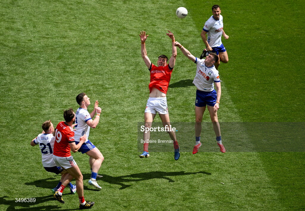 28 June 2026; Mícheál McCarville of Monaghan in action against Dara Mcdonnell of Louth during the GAA Football All-Ireland Senior Championship quarter-final match between Louth and Monaghan at Croke Park in Dublin. Photo by Daire Brennan/Sportsfile