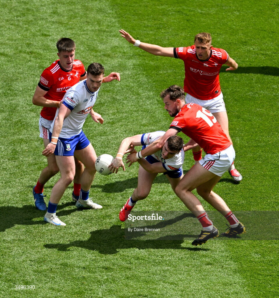 28 June 2026; Mícheál McCarville of Monaghan in action against Conor Early of Louth during the GAA Football All-Ireland Senior Championship quarter-final match between Louth and Monaghan at Croke Park in Dublin. Photo by Daire Brennan/Sportsfile