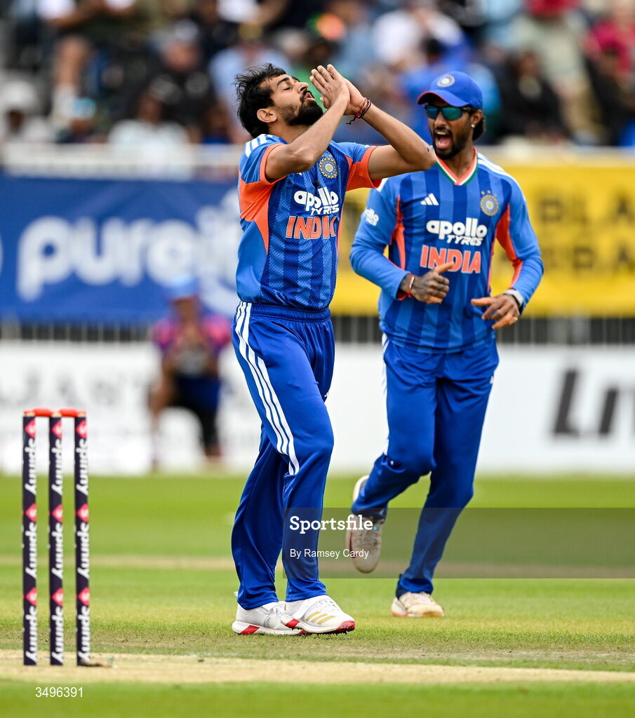 28 June 2026; India bowler Prince Yadav celebrates during match two of the Spinny Cup Men's T20 International series between Ireland and India at Stormont in Belfast.  Photo by Ramsey Cardy/Sportsfile