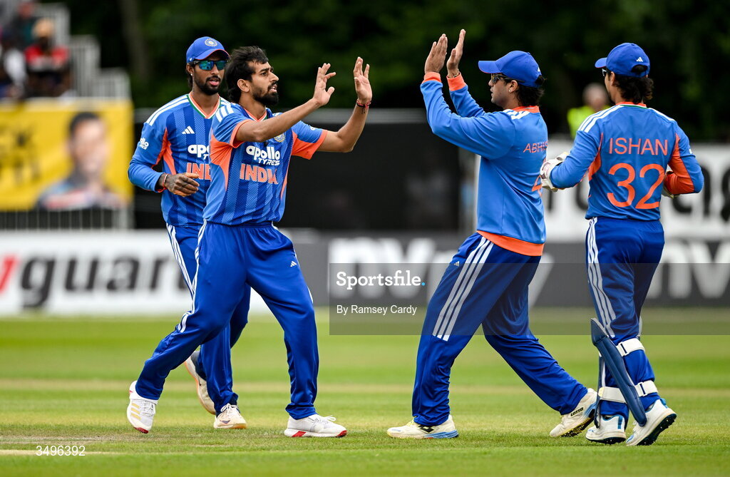 28 June 2026; India bowler Prince Yadav celebrates during match two of the Spinny Cup Men's T20 International series between Ireland and India at Stormont in Belfast.  Photo by Ramsey Cardy/Sportsfile