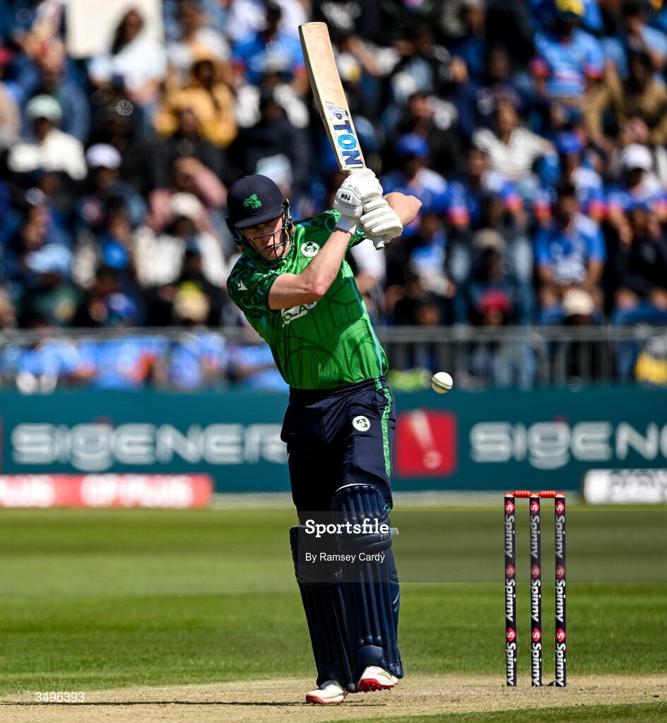 28 June 2026; Ireland batter Harry Tector during match two of the Spinny Cup Men's T20 International series between Ireland and India at Stormont in Belfast.  Photo by Ramsey Cardy/Sportsfile