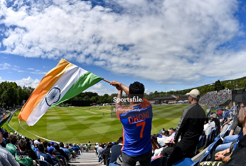 28 June 2026; An India supporter during match two of the Spinny Cup Men's T20 International series between Ireland and India at Stormont in Belfast.  Photo by Ramsey Cardy/Sportsfile