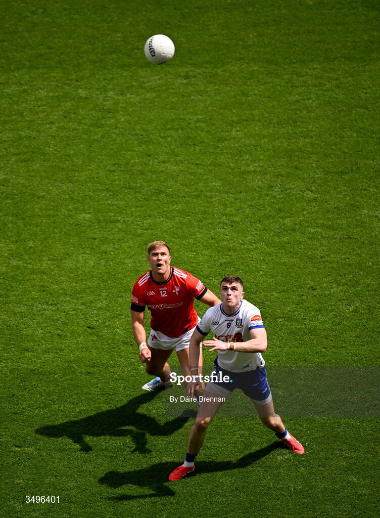 28 June 2026; Mícheál McCarville of Monaghan in action against Conor Grimes of Louth during the GAA Football All-Ireland Senior Championship quarter-final match between Louth and Monaghan at Croke Park in Dublin. Photo by Daire Brennan/Sportsfile