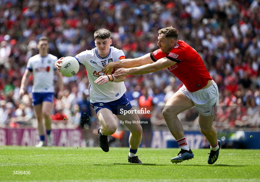 28 June 2026; Stephen O'Hanlon of Monaghan is tackled by Sam Mulroy of Louth during the GAA Football All-Ireland Senior Championship quarter-final match between Louth and Monaghan at Croke Park in Dublin. Photo by Ray McManus/Sportsfile