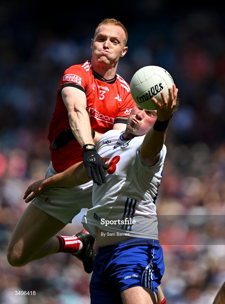 28 June 2026; Andrew Woods of Monaghan in action against Donal McKenny of Louth during the GAA Football All-Ireland Senior Championship quarter-final match between Louth and Monaghan at Croke Park in Dublin. Photo by Sam Barnes/Sportsfile