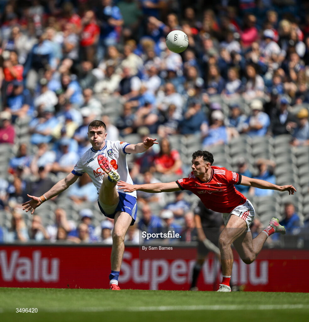 28 June 2026; Mícheál McCarville of Monaghan in action against Craig Lennon of Louth during the GAA Football All-Ireland Senior Championship quarter-final match between Louth and Monaghan at Croke Park in Dublin. Photo by Sam Barnes/Sportsfile
