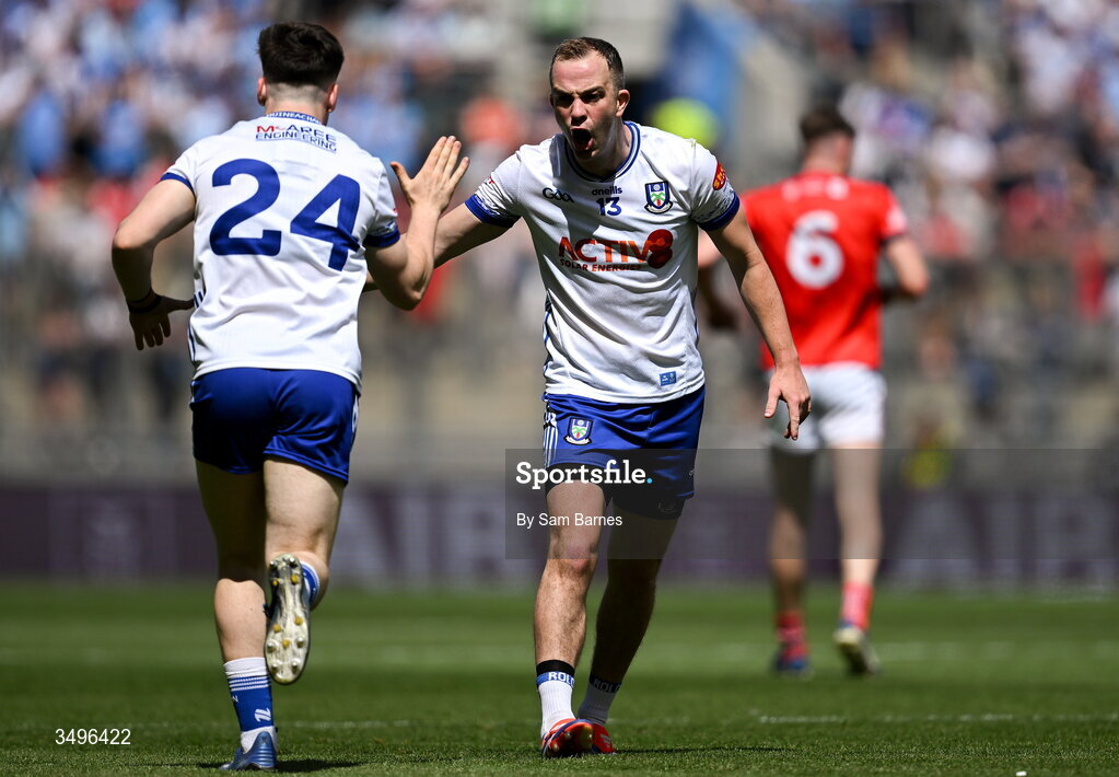 28 June 2026; Jack McCarron of Monaghan, right, celebrates a score with teammate Max Maguire during the GAA Football All-Ireland Senior Championship quarter-final match between Louth and Monaghan at Croke Park in Dublin. Photo by Sam Barnes/Sportsfile