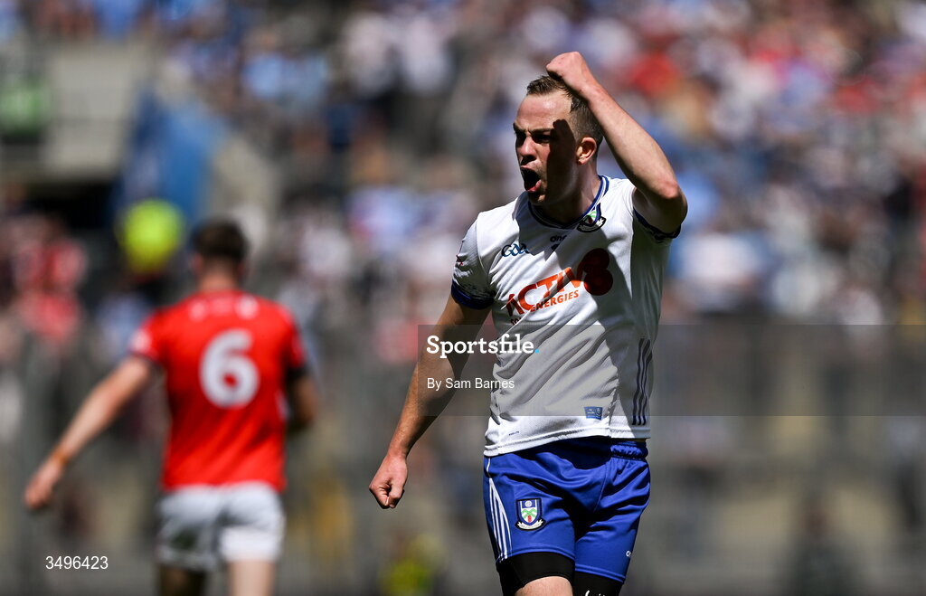 28 June 2026; Jack McCarron of Monaghan celebrates a score during the GAA Football All-Ireland Senior Championship quarter-final match between Louth and Monaghan at Croke Park in Dublin. Photo by Sam Barnes/Sportsfile