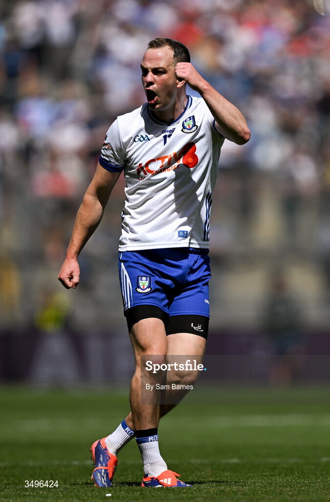 28 June 2026; Jack McCarron of Monaghan celebrates a score during the GAA Football All-Ireland Senior Championship quarter-final match between Louth and Monaghan at Croke Park in Dublin. Photo by Sam Barnes/Sportsfile