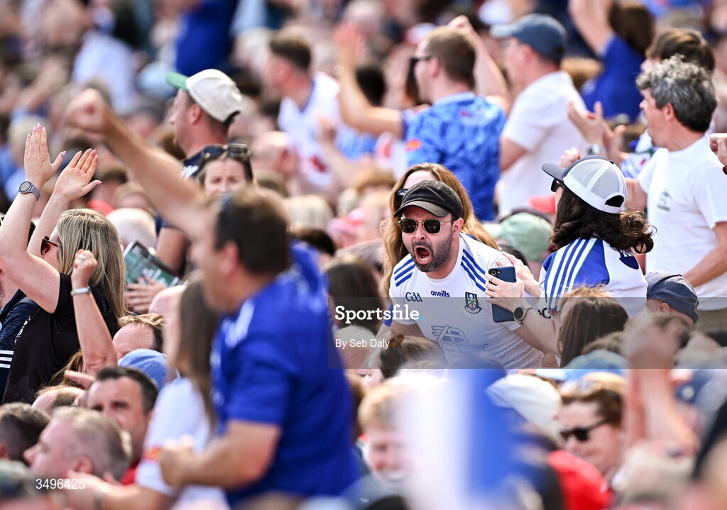 28 June 2026; Monaghan supporters celebrate during the GAA Football All-Ireland Senior Championship quarter-final match between Louth and Monaghan at Croke Park in Dublin. Photo by Seb Daly/Sportsfile