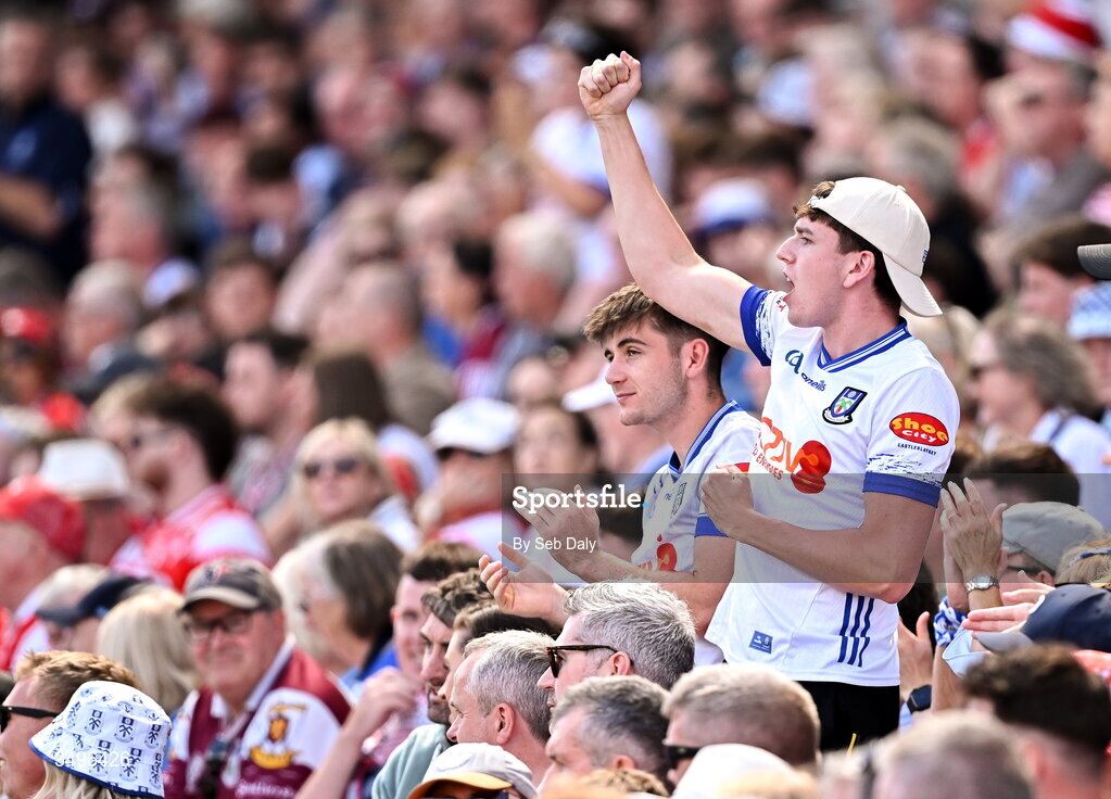 28 June 2026; Monaghan supporters celebrate during the GAA Football All-Ireland Senior Championship quarter-final match between Louth and Monaghan at Croke Park in Dublin. Photo by Seb Daly/Sportsfile