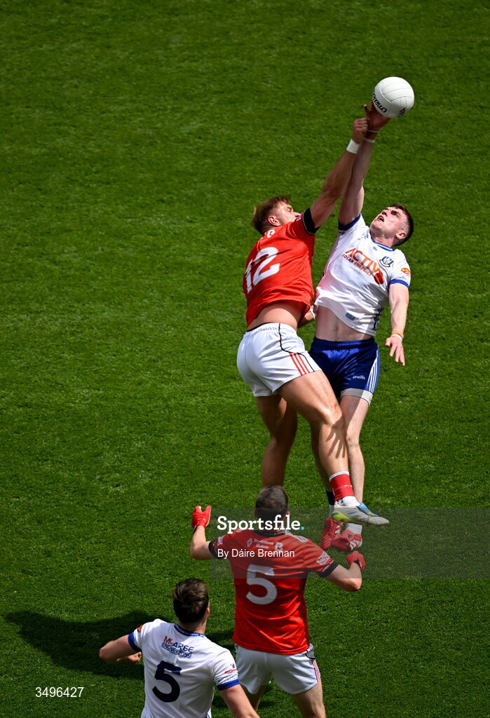28 June 2026; Mícheál McCarville of Monaghan in action against Conor Grimes of Louth during the GAA Football All-Ireland Senior Championship quarter-final match between Louth and Monaghan at Croke Park in Dublin. Photo by Daire Brennan/Sportsfile