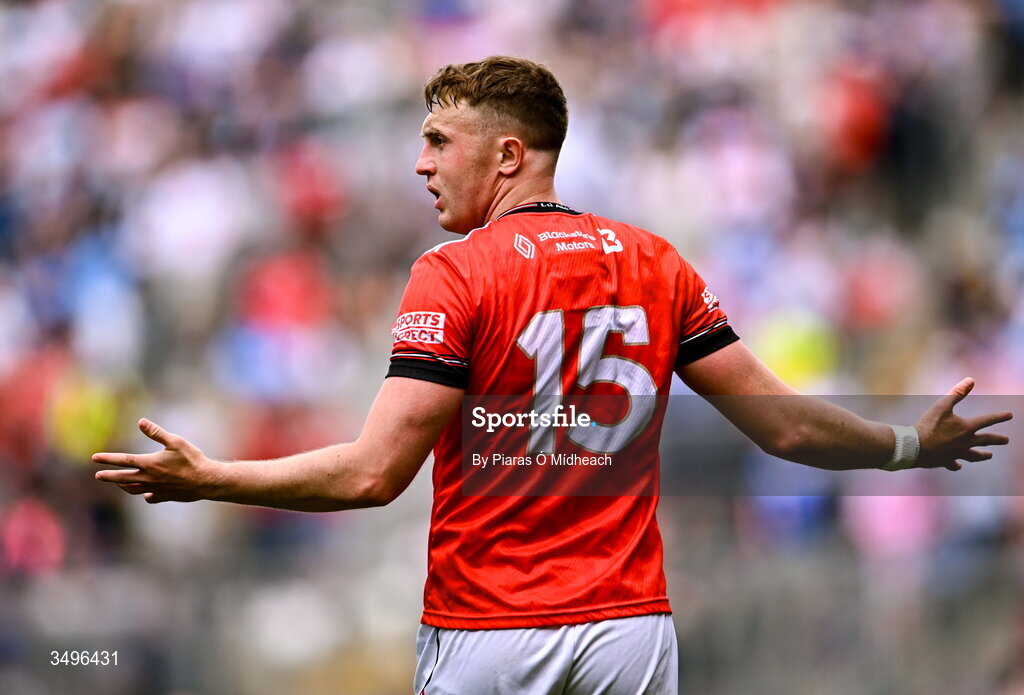 28 June 2026; Ryan Burns of Louth reacts during the GAA Football All-Ireland Senior Championship quarter-final match between Louth and Monaghan at Croke Park in Dublin. Photo by Piaras Ó Mídheach/Sportsfile