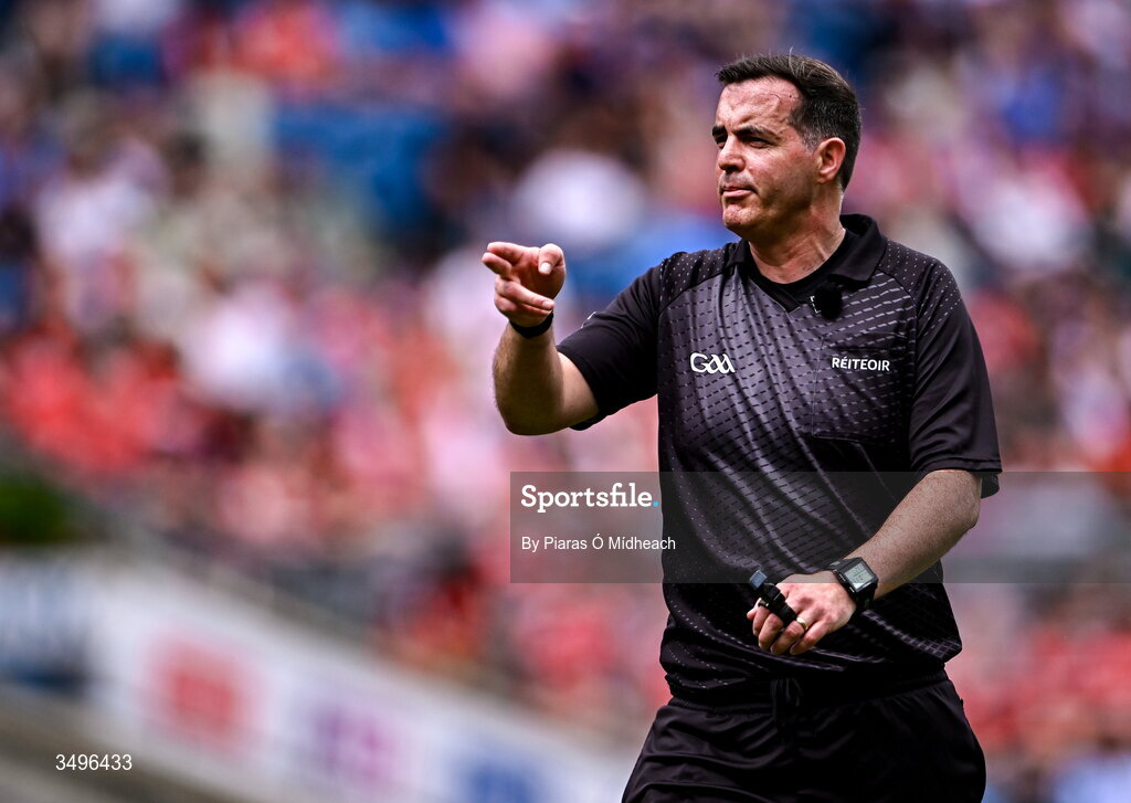 28 June 2026; Referee Sean Hurson during the GAA Football All-Ireland Senior Championship quarter-final match between Louth and Monaghan at Croke Park in Dublin. Photo by Piaras Ó Mídheach/Sportsfile
