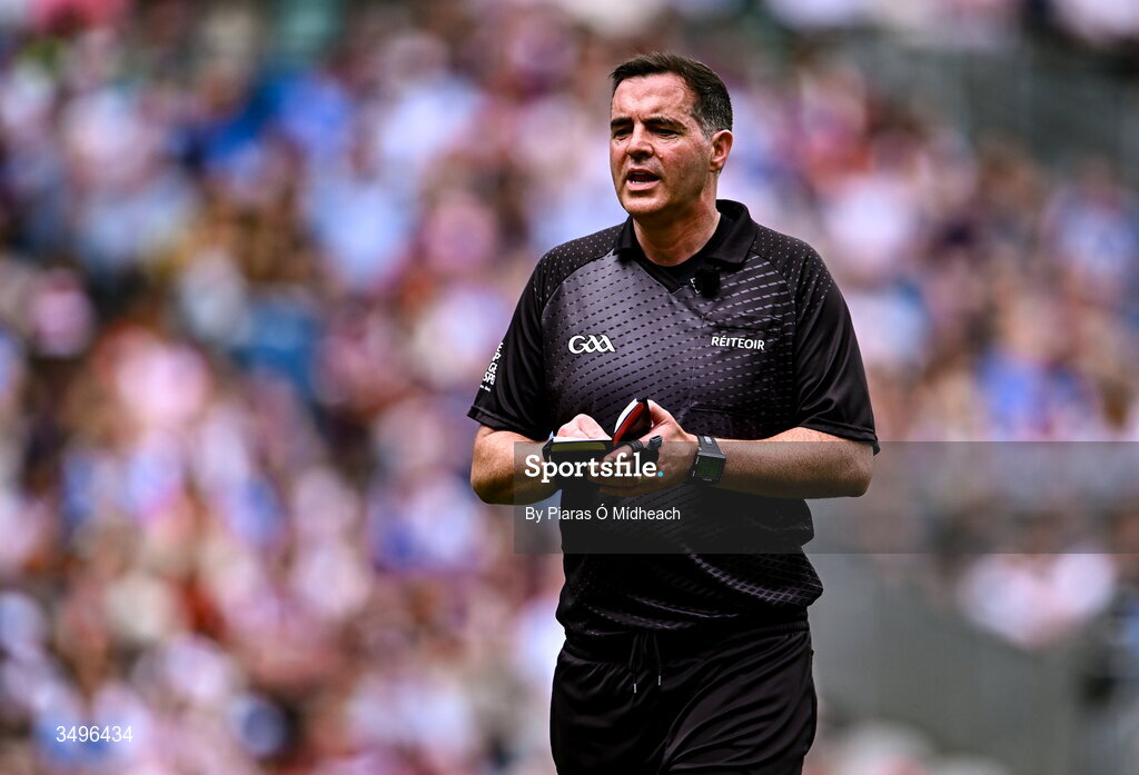 28 June 2026; Referee Sean Hurson during the GAA Football All-Ireland Senior Championship quarter-final match between Louth and Monaghan at Croke Park in Dublin. Photo by Piaras Ó Mídheach/Sportsfile
