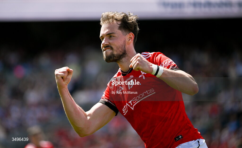 28 June 2026; Conor Early of Louth celebrates scoring his side's 20th point during the GAA Football All-Ireland Senior Championship quarter-final match between Louth and Monaghan at Croke Park in Dublin. Photo by Ray McManus/Sportsfile