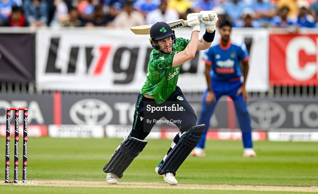 28 June 2026; Ireland batter George Dockrell during match two of the Spinny Cup Men's T20 International series between Ireland and India at Stormont in Belfast.  Photo by Ramsey Cardy/Sportsfile