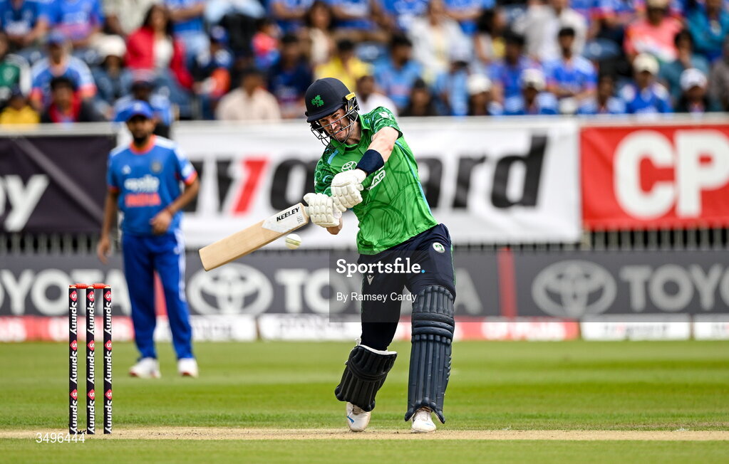 28 June 2026; Ireland batter George Dockrell during match two of the Spinny Cup Men's T20 International series between Ireland and India at Stormont in Belfast.  Photo by Ramsey Cardy/Sportsfile