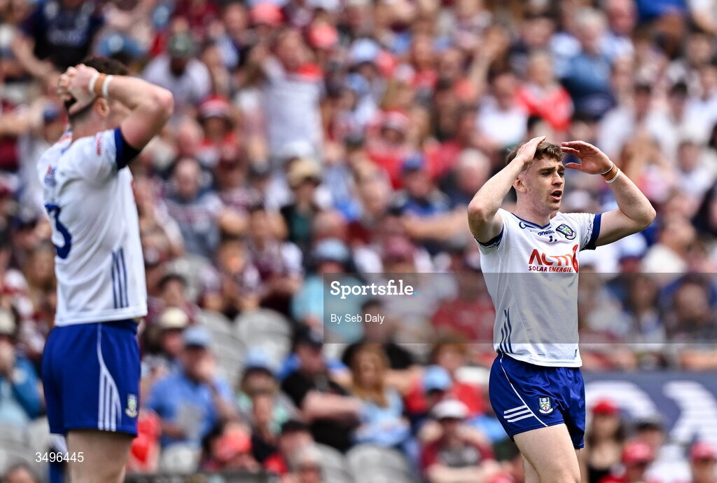 28 June 2026; Mícheál Bannigan of Monaghan reacts as a free is awarded against his side during the GAA Football All-Ireland Senior Championship quarter-final match between Louth and Monaghan at Croke Park in Dublin. Photo by Seb Daly/Sportsfile