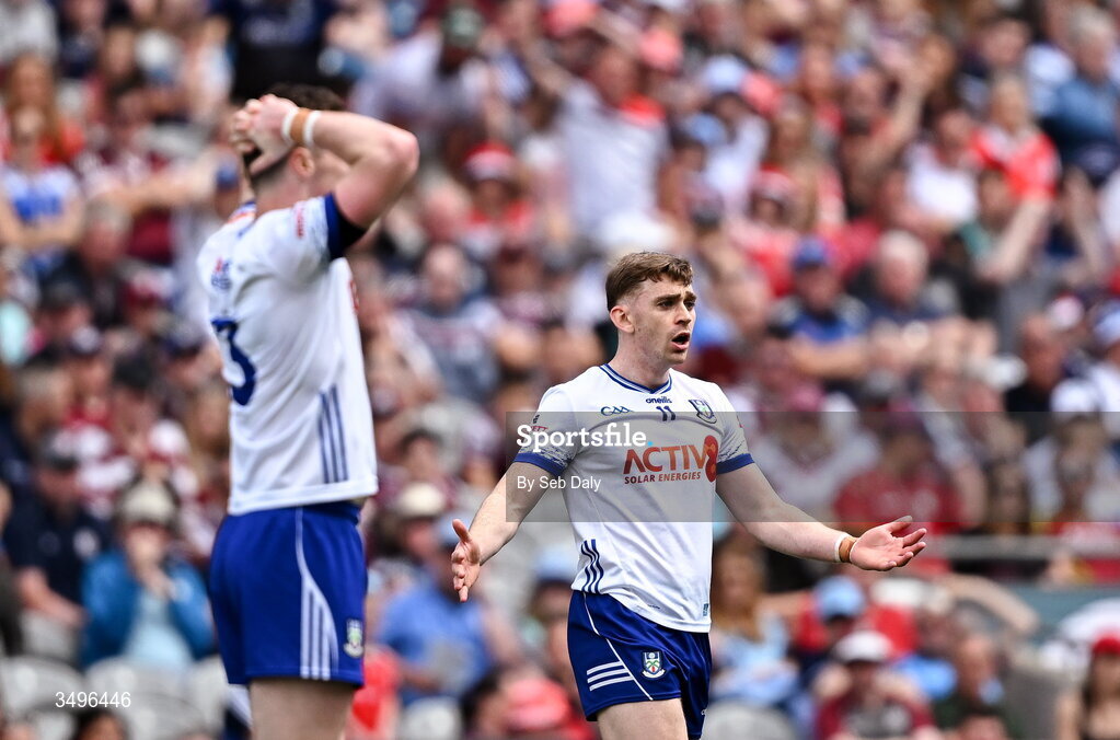 28 June 2026; Mícheál Bannigan of Monaghan reacts as a free is awarded against his side during the GAA Football All-Ireland Senior Championship quarter-final match between Louth and Monaghan at Croke Park in Dublin. Photo by Seb Daly/Sportsfile
