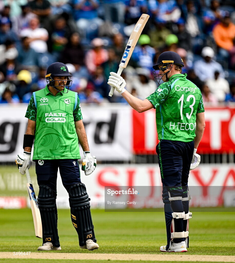 28 June 2026; Ireland batters Harry Tector, right, and Liam McCarthy during match two of the Spinny Cup Men's T20 International series between Ireland and India at Stormont in Belfast.  Photo by Ramsey Cardy/Sportsfile