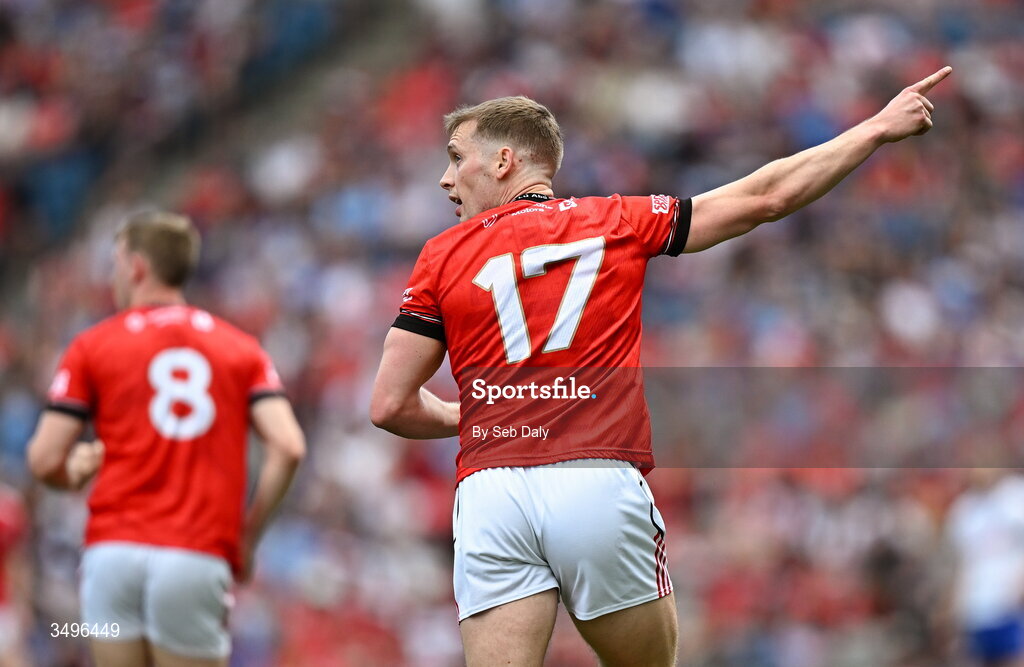 28 June 2026; Ciaran Byrne of Louth celebrates after kicking a point during the GAA Football All-Ireland Senior Championship quarter-final match between Louth and Monaghan at Croke Park in Dublin. Photo by Seb Daly/Sportsfile