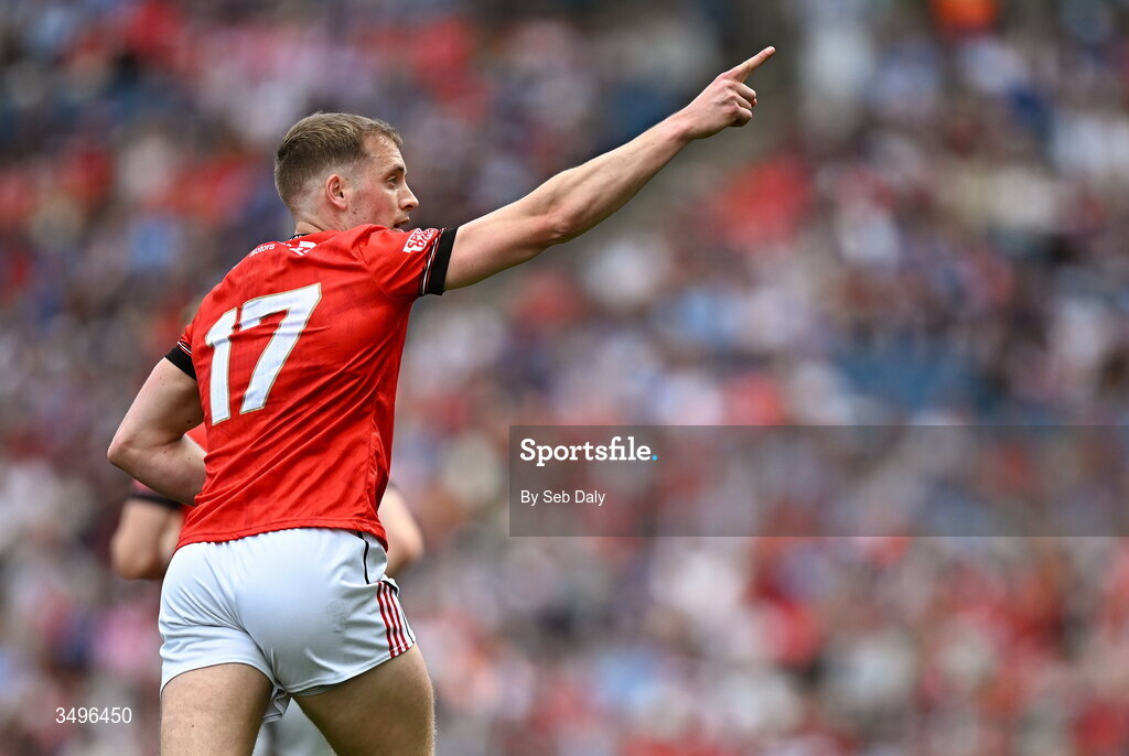 28 June 2026; Ciaran Byrne of Louth celebrates after kicking a point during the GAA Football All-Ireland Senior Championship quarter-final match between Louth and Monaghan at Croke Park in Dublin. Photo by Seb Daly/Sportsfile